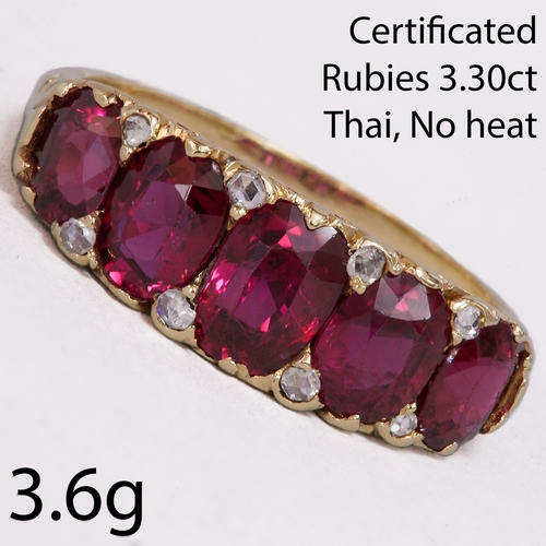 170 - VERY FINE CERTIFICATED RUBY AND DIAMOND 5-STONE RING,
3.6 grams, testing 18 ct. gold.
Rich and vibra... 