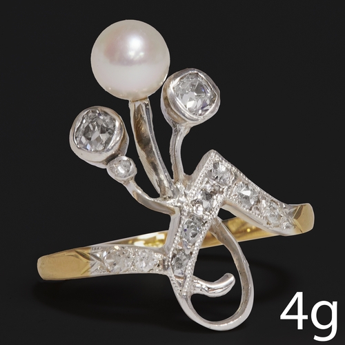 189 - PEARL AND DIAMOND UP FINGER RING.
4 grams, testing 18 ct. gold.
Set with pearl of good skin and lust... 