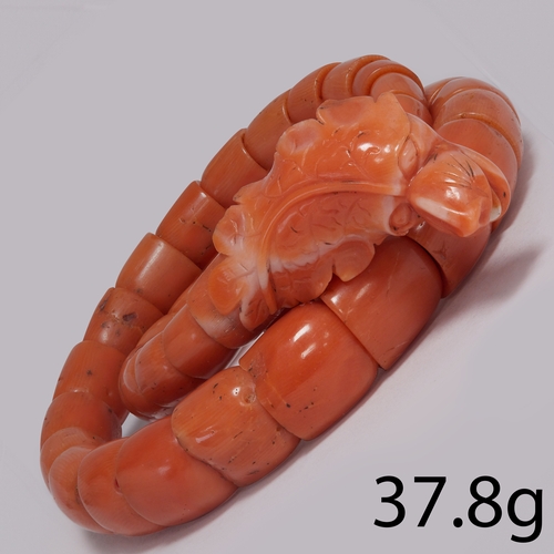 15 - CARVED CHINESE DRAGON CORAL BANGLE 
37.8 grams
fine detailed carving 
bright corals