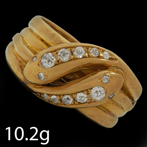 168 - DIAMOND DOUBLE SNAKE RING,
10.2 grams, 18 ct. gold.
Diamonds bright and lively.
Size Q.