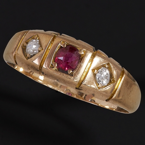 203 - RUBY AND DIAMOND 3-STONE GOLD RING,
Vibrant ruby.
Diamonds bright and lively.
Size J.