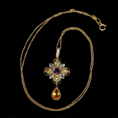 133 - DIAMOND AND MULTI-GEM SET GOLD PENDANT WITH CHAIN NECKLACE.
3.6 grams, 
Vibrant gemstones, including... 