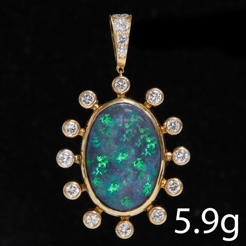 14 - BLACK OPAL AND DIAMOND PENDANT,
5.9 grams, testing high carat gold
Fine black opal with good play of... 