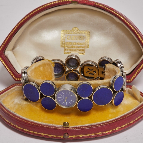 150 - CARTIER, ICONIC AND PROBABLY UNIQUE LAPIS LAZULI  WRIST WATCH,
54.6 grams, 18 ct. gold.
Fine lapis l... 