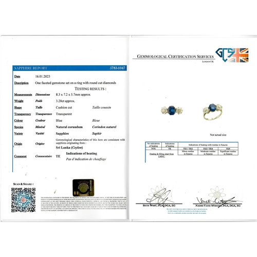 218 - CERTIFICATED CEYLON SAPPHIRE AND DIAMOND 3-STONE RING
5 grams, high carat gold.
Gemstones totalling ... 