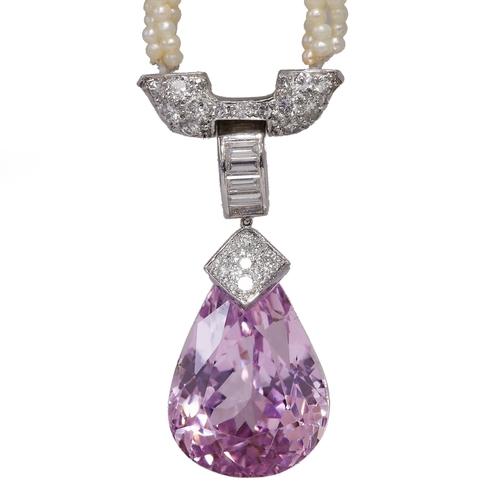 45 - ELEGANT PEARL SAUTOIRE NECKLACE, WITH DIAMOND AND KUNZITE DROP. 
bright livey diamonds, in our opini... 