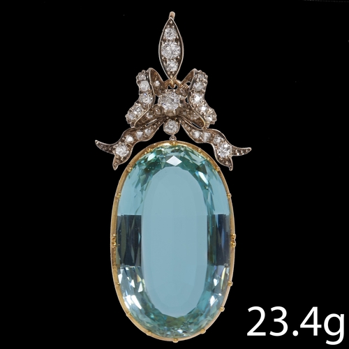 62 - LARGE AQUAMARINE AND DIAMOND PENDANT,
20.2 grams, high carat gold.
The large vibrant coloured aquama... 