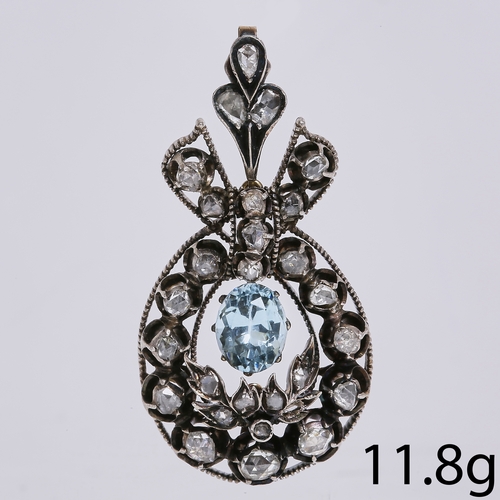 10 - FINE VICTORIAN DIAMOND AND AQUAMARINE PENDANT, 
11.8 grams. 
Diamonds bright and lively.
Vibrant aqu... 