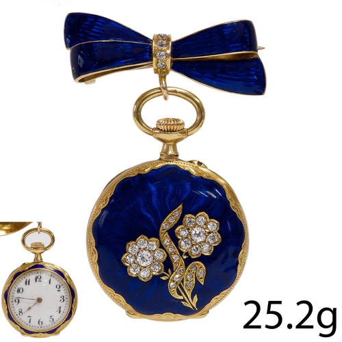 114 - ANTIQUE ENAMEL AND DIAMOND LAPEL WATCH,
25.2 grams, high carat gold.
Lovely diamonds in floral motif... 