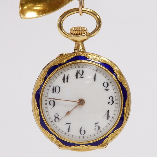 114 - ANTIQUE ENAMEL AND DIAMOND LAPEL WATCH,
25.2 grams, high carat gold.
Lovely diamonds in floral motif... 