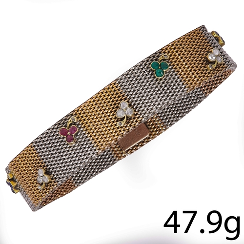 138 - ANTIQUE RUSSIAN SAPPHIRE RUBY DAIAMOND AND EMERALD TREFOIL TWO COLOUR GOLD BRACELET,
47.9 grams, two... 