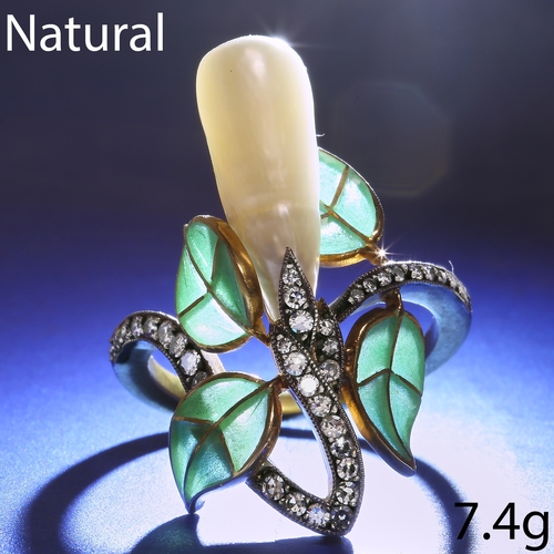 14 - FANTASTIC ART-NOUVEAU NATURAL PEARL, DIAMOND AND ENAMEL RING,
7.4 grams, testing high carat gold.
La... 