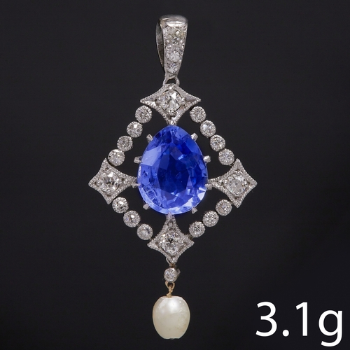 166 - EDWARDIAN SAPPHIRE DIAMOND AND PEARL PENDANT,
3.1 grams.
Vibrant sapphire of approx. 2.40 ct.
Diamon... 