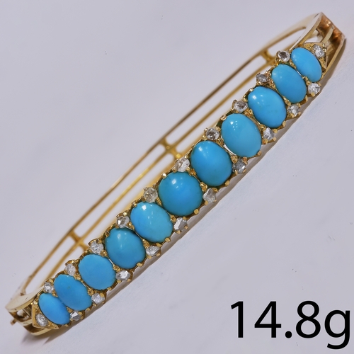 17 - ANTIQUE TURQUOISE AND DIAMOND HINGED BANGLE,
14.8 grams, testing high carat gold.
Inner diam. 5.3 cm... 