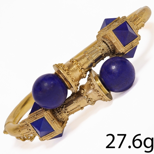 181 - ETRUSCAN REVIVAL LAPIS LAZULI SET HINGED BANGLE 
27.6 grams, testing 15 ct. gold.
Fine and well matc... 