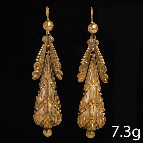 19 - ANTIQUE VICTORIAN PAIR OF EARRINGS,
7.3 grams, High carat gold.
Fine wirework design on the large dr... 