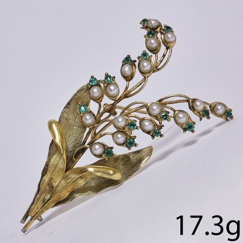 2 - ANTIQUE PEARL AND EMERALD LILY OF THE VALLEY GOLD BROOCH,
17.3 grams. 
Vibrant strong emeralds.
Pear... 