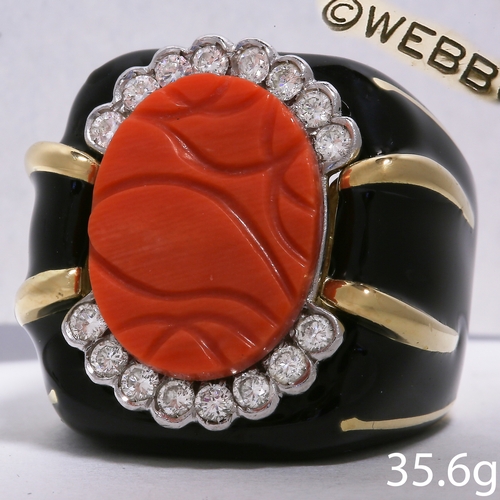 20 - DAVID WEBB, CORAL, DIAMOND AND ENAMEL RING.
35.6 grams, 18 ct. gold and platinum.
Fine carved coral.... 