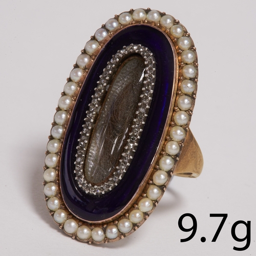 201 - VICTORIAN PEARL DIAMOND AND ENAMEL MEMORI RING,
9.7 grams, testing 15 ct. gold.
The head of approx. ... 