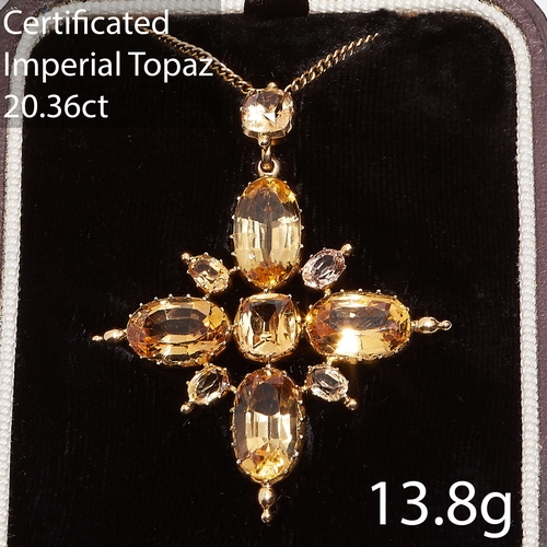 202 - CERTIFICATED ANTIQUE IMPERIAL TOPAZ CROSS PENDANT, 
13.8 grams, testing 18 ct. gold.
Set with 5 larg... 