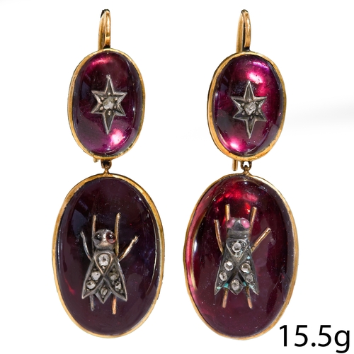 209 - PAIR OF VICTORIAN GARNET AND DIAMOND FLY GOLD EARRINGS,
15.5 grams, 
The larger cabochon cut garnets... 