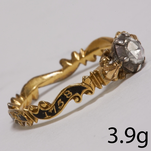 213 - GEORGIAN 1758 DIAMOND AND ENAMEL RING,
3.5 grams, high carat gold.
The shank with gold text: Sarah G... 