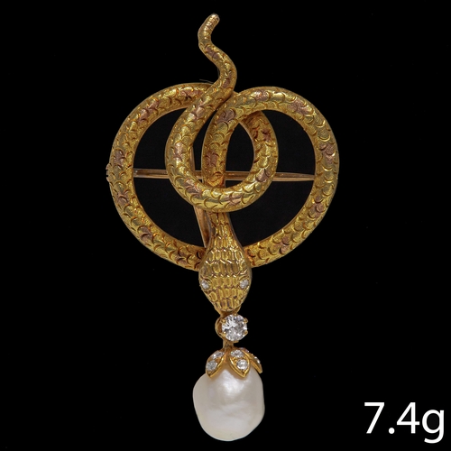 215 - NATURAL PEARL AND DIAMOND SNAKE BROOCH,
7.4 grams, testing high carat gold.
Natural pearl of approx.... 