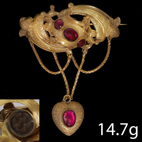 218 - VICTORIAN GARNET BROOCH
14.7 grams, High cart gold.
Rich cabochon cut garnets, well matched.
Suspend... 