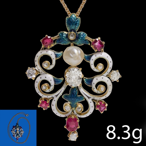 220 - ANTIQUE ENAMEL PEARL RUBY AND DIAMOND PENDANT,
8.3 grams, Testing high carat gold.
Fine multi colour... 