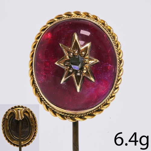 223 - VICTORIAN GARNET AND DIAMOND STICK PIN,
6.4 grams.
Fine cabochon cut garnet.
Locket back.
L. head 2 ... 