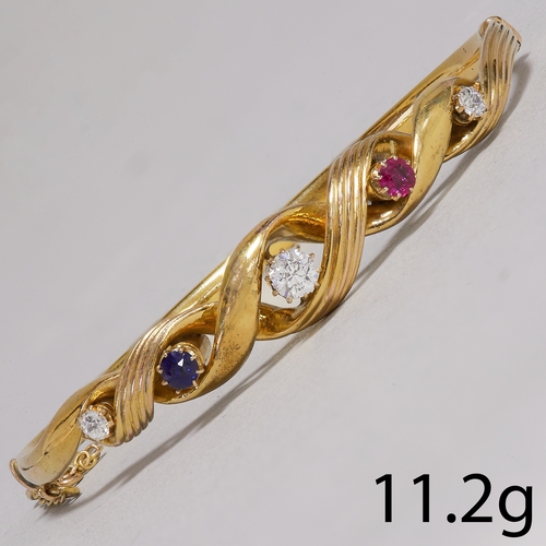 23 - ANTIQUE DIAMOND SAPPHIRE AND RUBY HINGED BANGLE,
11.2 grams, High carat gold.
Diamonds bright and li... 