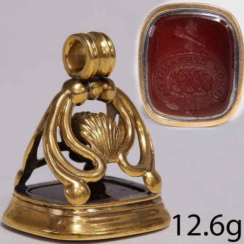 25 - ANTIQUE GOLD FOB SEAL,
12.6 grams. Testing high carat gold.
The carved intaglio depicting a crest wi... 