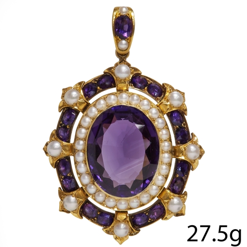 27 - LARGE EDWARDIAN AMETHYST AND PEARL PENDANT,
27.5 grams, testing high carat gold.
Large vibrant ameth... 