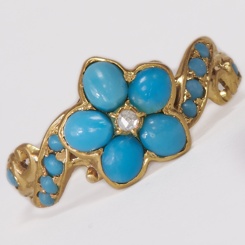 28 - VICTORIAN TURQUOISE AND DIAMOND RING,
High carat gold.
Turquoise generally well matched.
Locket back... 