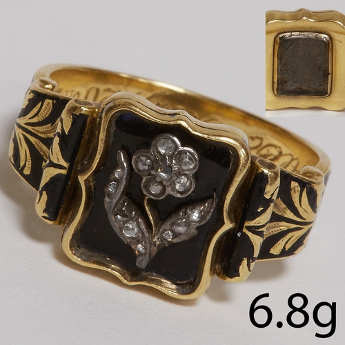 32 - ANTIQUE ENAMEL AND DIAMOND RING,
6.8 grams, testing high carat gold.
Locket back.
The shank with tex... 