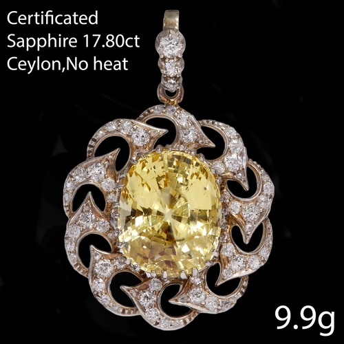 33 - IMPORTANT CERTIFICATED CEYON YELLOW SAPPHIRE AND DIAMOND PENDANT
Rich and vibrant yellow sapphire of... 