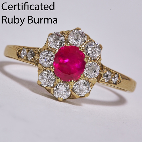 36 - CERTIFICATED BURMA RUBY AND DIAMOND CLUSTER RING,
Intense ruby (certificated, Burma 'Mogok', no heat... 