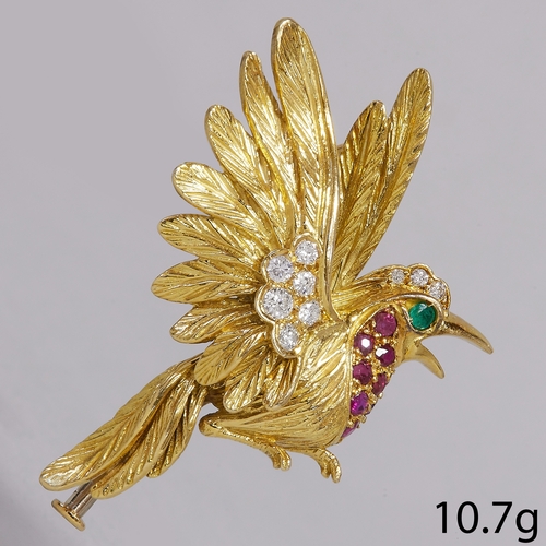 37 - FRENCH BIRD OF PARADISE, DIAMOND, RUBY AND EMERALD BROOCH 
10.7 grams 18 ct. 
bright diamonds
vibran... 