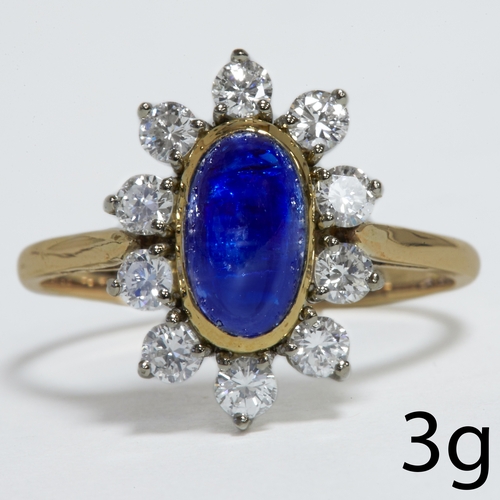 38 - SAPPHIRE AND DIAMOND CLUSTER RING,
3 grams, high carat gold.
Sapphire of approx. 1.50 ct.
Diamonds b... 