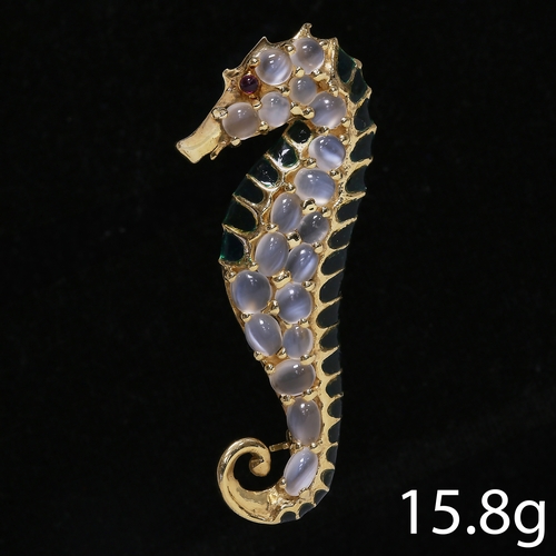 4 - FINE ENAMEL AND MOONSTONE SEAHORSE BROOCH,
15.8 grams, 18 ct. gold.
Vibrant moonstones with nice blu... 