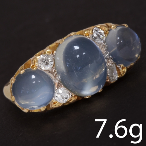 40 - MOONSTONE AND DIAMOND 3-STONE RING,
7.6 grams, 18 ct. gold.
Vibrant moonstones with nice blue shille... 