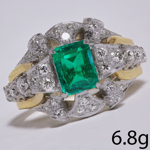 48 - EMERALD AND DIAMOND CLUSTER RING,
6.8 grams, testing high carat gold.
Vibrant emerald.
Diamonds brig... 