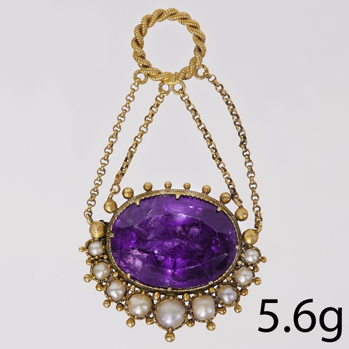 5 - GEORGIAN AMETHYST AND PEARL BROOCH/PENDANT.
5.6 gram. Testing high carat gold.
Set with vibrant amet... 