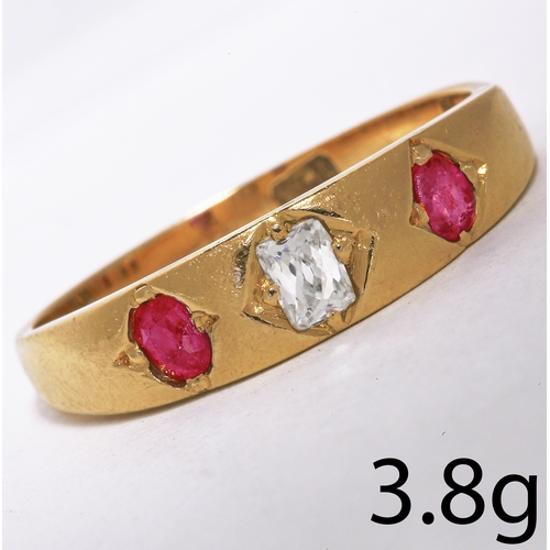 57 - RUBY AND DIAMOND 3-STONE GYPSY RING,
3.8 grams, 18 ct. gold.
Size O 1/2.