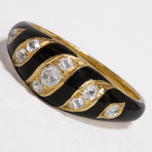 61 - VICTORIAN ENAMEL AND DIAMOND RING,
2.9 grams, High carat gold.
Diamonds bright and lively.
Black ena... 