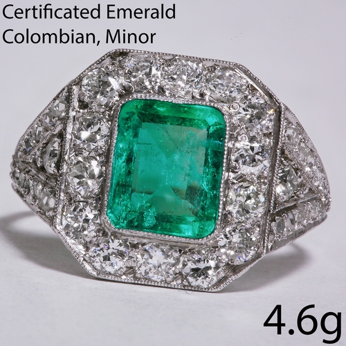 63 - CERTIFICATED COLOMBIAN MINOR EMERALD AND DIAMOND RING,
4.6 grams, testing platinum.
Fine and vibrant... 