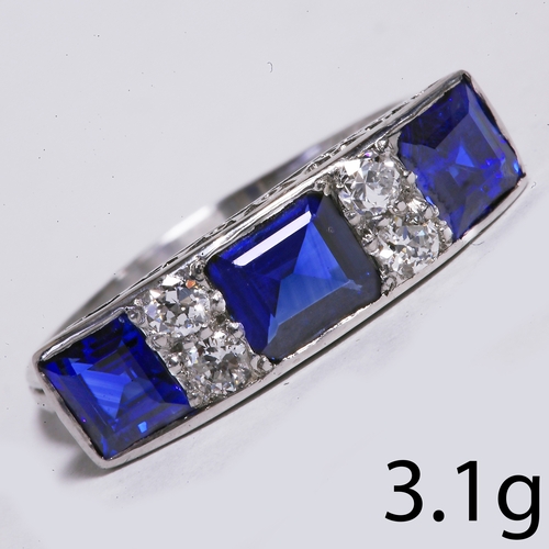 68 - ART-DECO SAPPHIRE AND DIAMOND RING,
3.1 grams, Testing platinum.
Vibrant sapphires.
Diamonds bright ... 