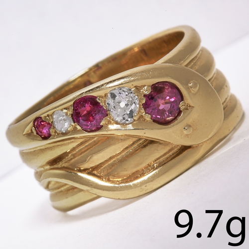 70 - RUBY AND DIAMOND SNAKE RING,
9.7 grams, 15 ct. gold.
Vibrant rubies.
Diamonds bright and lively.
Siz... 