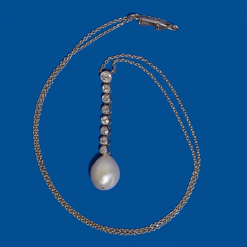 99 - EDWARDIAN CERTIFICATED NATURAL SALTWATER PEARL AND DIAMOND PENDANT NECKLACE,
4.5 grams.
Pearl of app... 