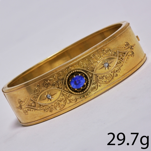 148 - CANNETILLE SAPPHIRE AND ROSE CUT DIAMONDS BANGLE
29.7 gram, 15 ct. gold
Set with vibrant rich colour... 